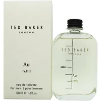Clear Ted Baker Au Eau De Toilette 50ml refill bottle with black cap, next to white box with black text.