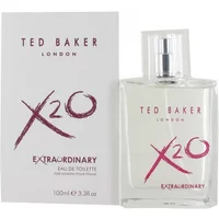 Ted Baker X2o Extraordinary Eau De Toilette 100ml, clear rectangular bottle with pink logo, next to matching box.