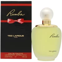 Ted Lapidus Rumba Eau De Toilette 100ml, clear oval bottle with gold cap, black box with red bow design.