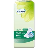 Tena Lady Normal Panty Liners 12 Pack, green packaging with floral design and absorbency icons.