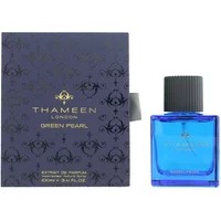 Thameen Green Pearl Extrait De Parfum 100ml, blue square bottle with black cap, next to dark blue patterned box.