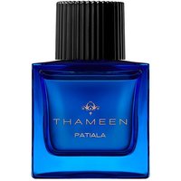 Blue Thameen Patiala perfume bottle with black ribbed cap and gold lettering, 50 ml unisex floral fragrance.