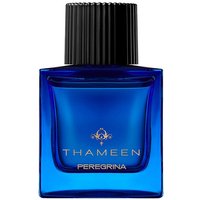 Blue Thameen Peregrina perfume bottle with black ribbed cap and gold logo, 100 ml size, unisex amber oriental scent.