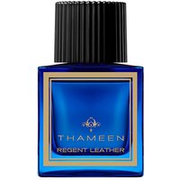 Blue Thameen Regent Leather perfume bottle with black ribbed cap and gold accents, 50 ml size.