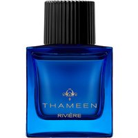 Blue Thameen Riviere Extrait de Parfum bottle with black ribbed cap and gold logo, 100 ml unisex leather fragrance.