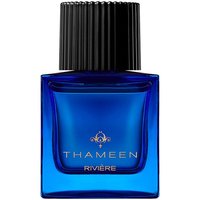 Blue Thameen Riviere Extrait de Parfum bottle, 50 ml, with black ribbed cap and gold logo, unisex leather fragrance.