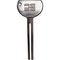 Silver BLD BRO key with a round head, engraved logo, and two long prongs.