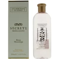 Clear bottle of Rosa Moceniga Micellar Water with floral design, next to gold-accented box.