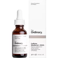 Brown dropper bottle labeled "The Ordinary Caffeine Solution 5% + EGCG" with white box packaging.