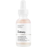 Clear bottle with white dropper, The Ordinary label, containing Lactic Acid 10% + HA 2% peeling solution, 30ml.