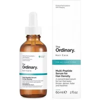 Brown bottle with dropper, labeled "The Ordinary Multi-Peptide Serum For Hair Density 60ml," next to white box packaging.
