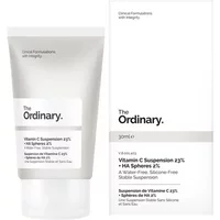 White tube of The Ordinary Vitamin C Suspension 23% + HA Spheres, 30ml, with minimalist black text design.