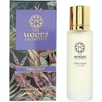 "The Woods Collection Twilight Hair Mist 30ml, white bottle with gold cap, floral box design"
