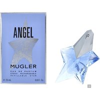 Star-shaped blue glass bottle of Thierry Mugler Angel Eau de Parfum, silver cap, next to matching box.