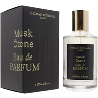 Clear glass bottle with gold cap, labeled "Musk Otone Eau De Parfum," next to black box with gold text, 100ml.
