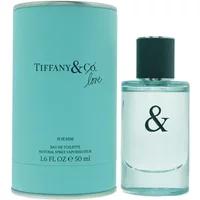 Tiffany & Co. Love For Him Eau De Toilette 50ml in clear bottle with teal cap, next to matching teal cylindrical box.