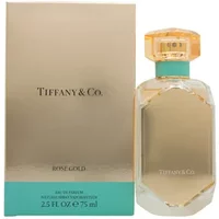 Tiffany & Co. Rose Gold Eau De Parfum 75ml bottle with faceted glass and turquoise accents, matching gold box.