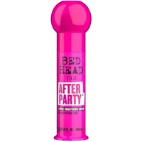 Bright pink cylindrical bottle with round cap, labeled "Bed Head Tigi After Party Smoothing Cream 100ml".