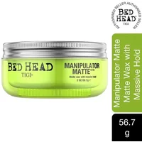 TIGI Bed Head Manipulator Matte Wax, neon green jar with silver lid, bold black text, 56.7g size.