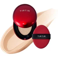 Red TIRTIR Mask Fit Cushion Foundation Mini with black puff, shade 21C Cool Ivory, on beige makeup smear.