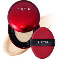 Red TIRTIR Mask Fit Mini Cushion compact with sponge applicator, shade 17N Vanilla, on creamy beige background.