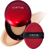 Red TIRTIR Mask Fit Mini Cushion with black trim and applicator, shade 25N Mocha, shown with beige makeup swatch.