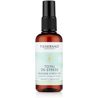 Tisserand De-Stress Body Massage Oil 100ml, amber bottle with black pump, light blue label with white text.