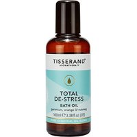 Amber bottle of Tisserand Aromatherapy De-Stress Bath Oil, 100ml, with turquoise label and black cap.