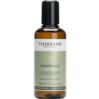 Brown bottle of Tisserand Grapeseed Blending Oil with black cap and green label detailing ethical harvesting.