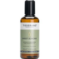 Brown bottle of Tisserand Sweet Almond Blending Oil with black cap and green label detailing ethical harvesting.