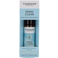 Tisserand Mind Clear Roller Ball 10ml in blue box with peppermint, lavender, and lemon essential oils.