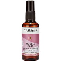 Tisserand Muscle Ease Body Massage Oil 100ml in a brown bottle with a black pump and pink label.