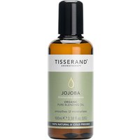Amber bottle of Tisserand Aromatherapy Organic Jojoba Blending Oil 100ml with green label and black cap.