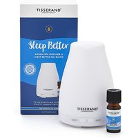 White Tisserand Sleep Diffuser with blue packaging and essential oil bottle.