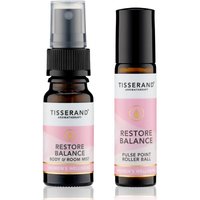 Tisserand Balance Routine Duo with brown spray bottle and roller ball, pink labels, black caps.