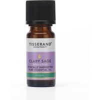 Brown glass bottle with black cap, labeled "Tisserand Clary Sage Ethically Harvested Pure Essential Oil 9ml."