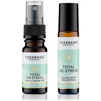 Tisserand De-Stress Routine Duo with body mist spray and pulse point roller, both in amber bottles with teal labels.