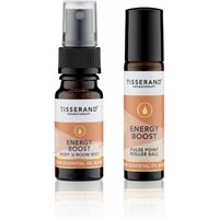 Tisserand Energy Routine Duo with amber labels, includes a spray bottle and rollerball for essential oil application.