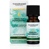 Tisserand English Peppermint Essential Oil 9ml, dark bottle with black cap, green and white label, matching box.