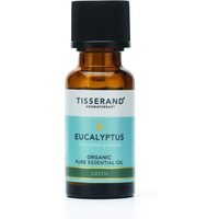 Amber glass bottle of Tisserand Eucalyptus Organic Essential Oil, 20ml, with black cap and green label.