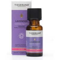Tisserand Lavender Organic Essential Oil 20ml in amber bottle with purple label, matching box in background.