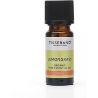 Brown glass bottle of Tisserand Lemongrass Organic Essential Oil with black cap and green label, 9ml size.