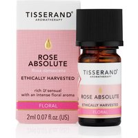 Tisserand Rose Absolute Essential Oil 2ml, amber bottle with black cap, pink label, box with matching design.