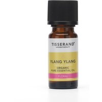 Brown glass bottle with black cap, labeled "Tisserand Ylang Ylang Organic Pure Essential Oil 9ml" with yellow and pink accents.
