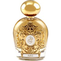 Gold Tiziana Terenzi Adhil Extrait de Parfum bottle with ornate floral design and round cap.