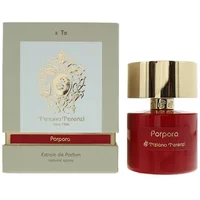 Red Tiziana Terenzi Porpora perfume bottle with gold cap, next to a white and gold box.