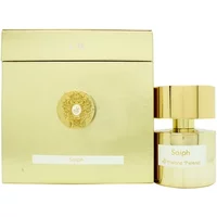 Gold Tiziana Terenzi Saiph perfume bottle with matching gold box, featuring ornate emblem and sleek design.