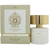 Tiziana Terenzi Ursa perfume, 100ml, in a white bottle with a gold cap, beside a beige box with ornate gold detailing.