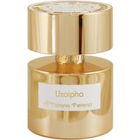 Gold Tiziana Terenzi Uxalpha Extrait de Parfum bottle with cylindrical cap and white label.