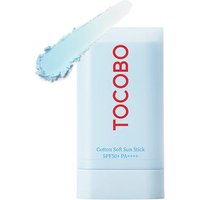 Light blue Tocobo sun stick with red logo and SPF 50+ label, shown with a swipe of product above.